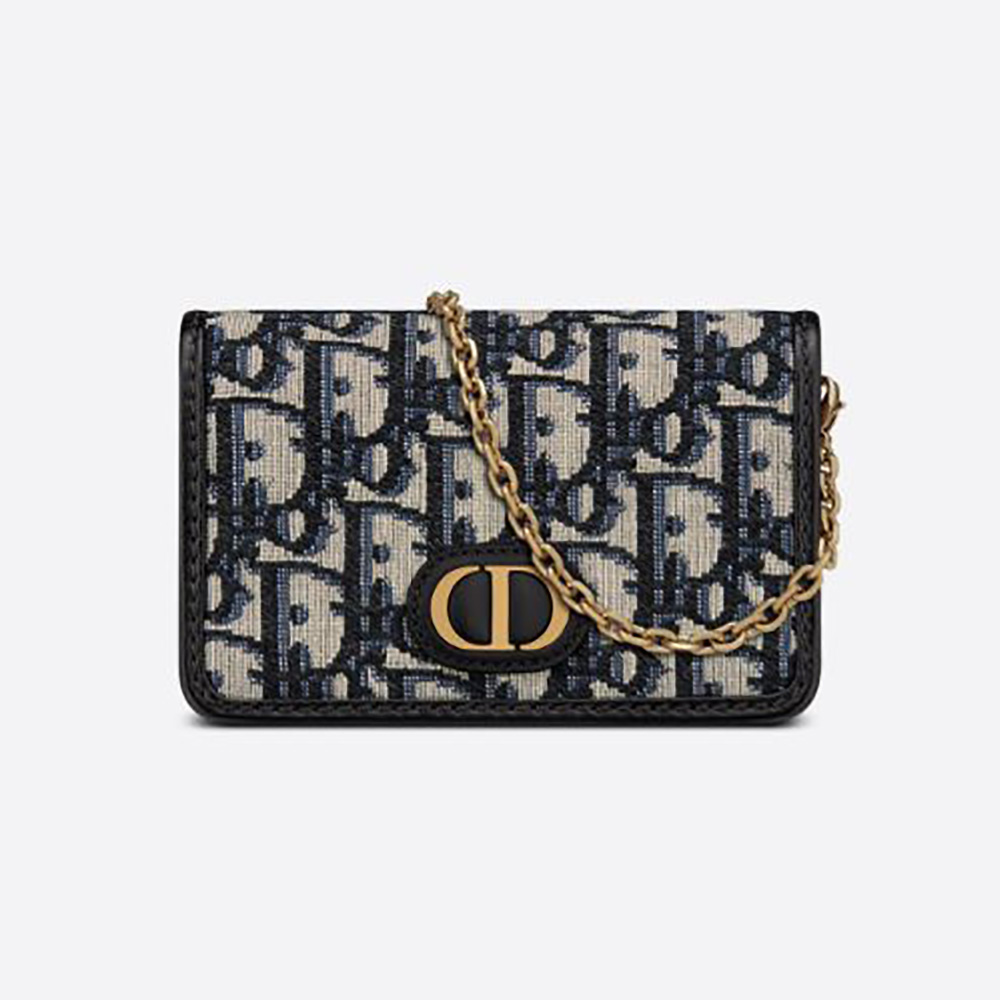 Front angled view of Dior Women 30 Montaigne nano pouch Blue Dior Oblique Jacquard