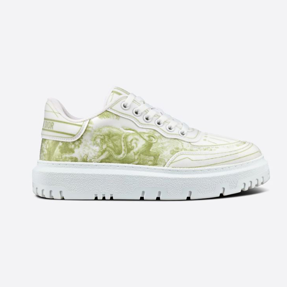 Side view of Dior Women Addict Sneaker Lime Toile de Jouy Technical Fabric