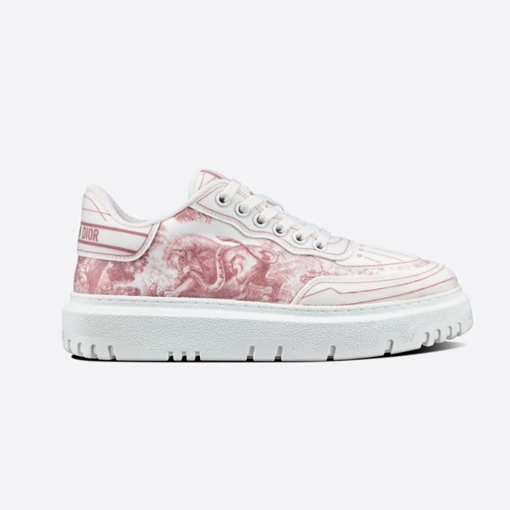 Side view of Dior Women Addict Sneaker Raspberry Toile de Jouy Technical Fabric
