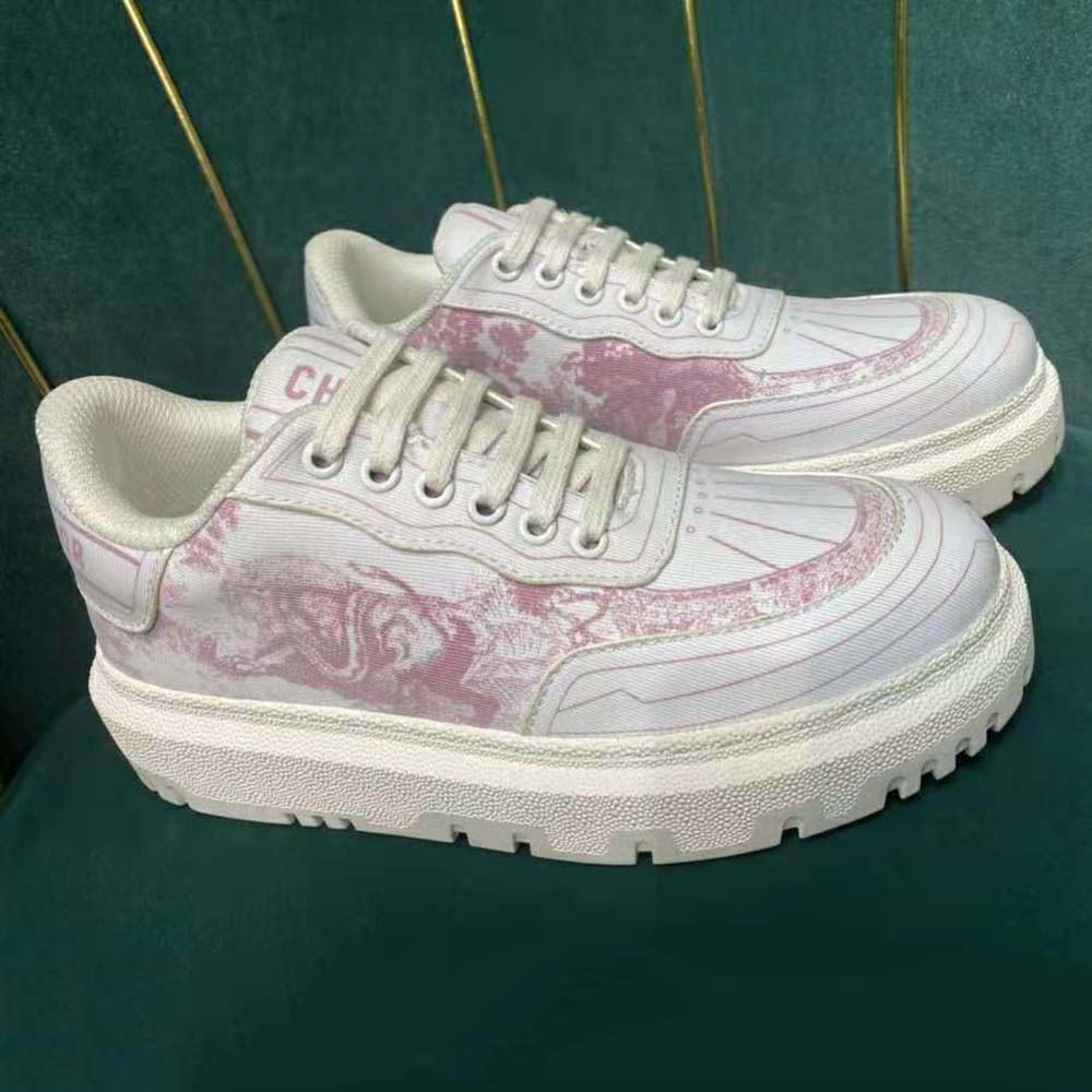 Close-up on pink Toile de Jouy print of Dior Women Addict Sneaker