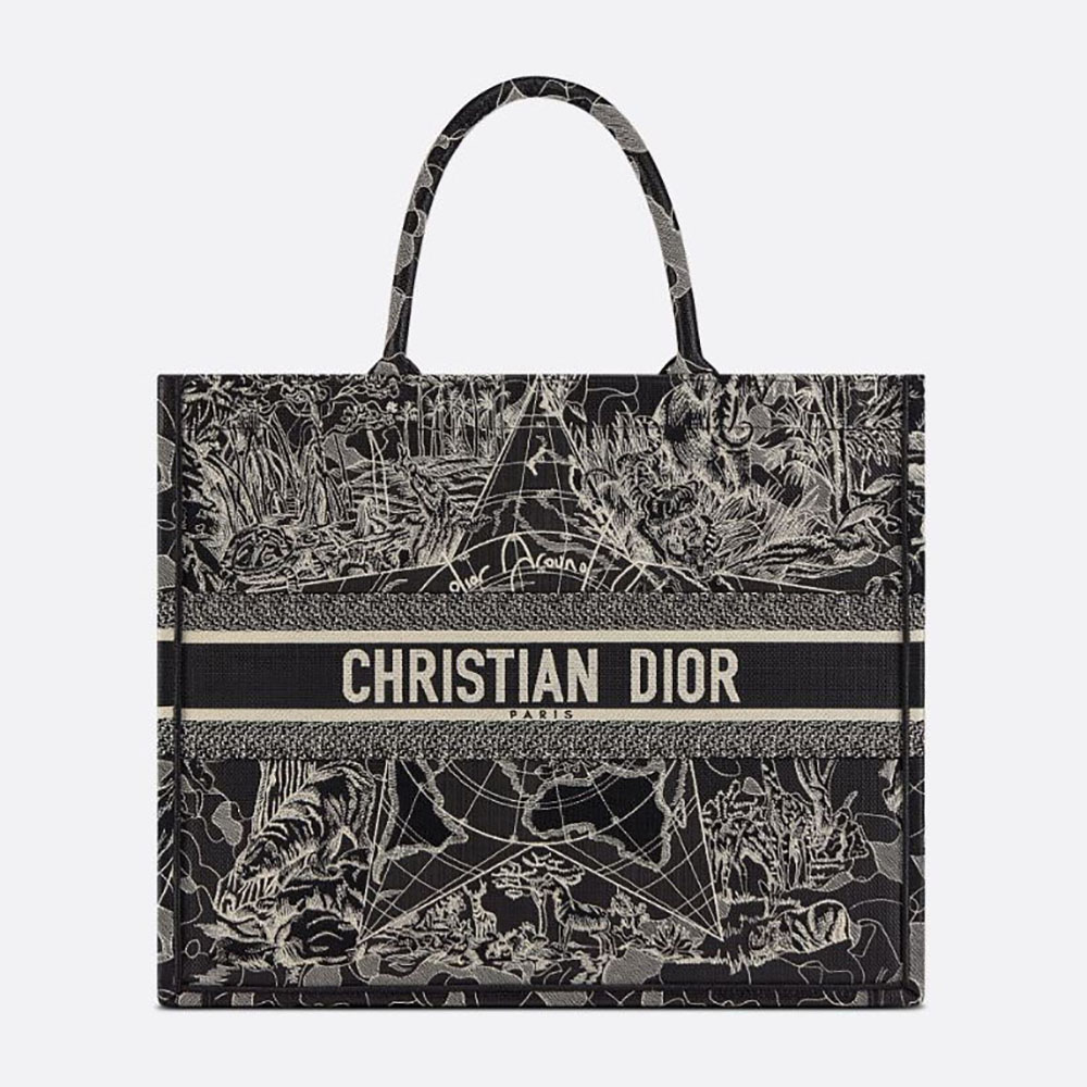 Front view of Dior Women Book Tote Black and White Dior Around the World Embroidery