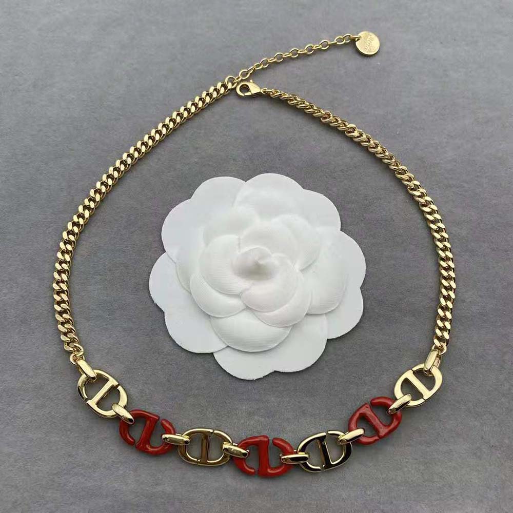Side angle showing clasp and gold finish of Dior Women CD Navy Necklace