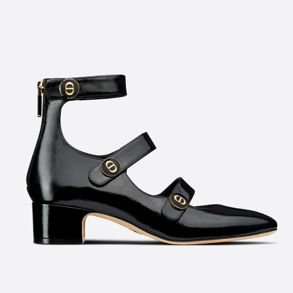 Front angle of Dior Women D-Doll Pump Black Shiny Calfskin showing sleek silhouette