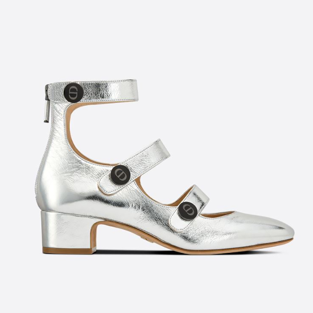 Front angle of Dior Women D-Doll Pump Silver-Tone Shiny Laminated Calfskin