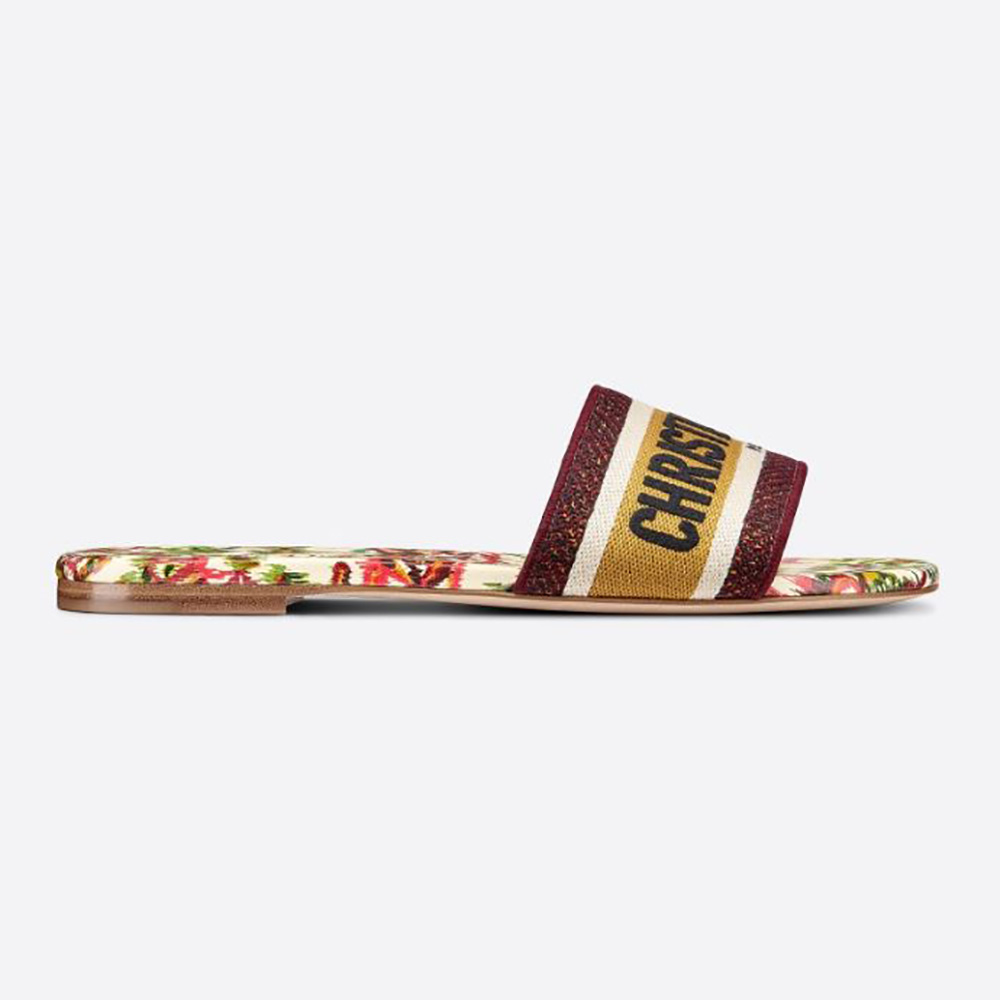 Side view of Dior Women Dway Slide Colored Toile de Jouy Embroidered Cotton sandal