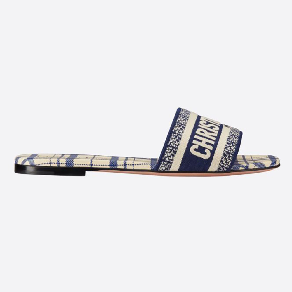 Front angle of Dior Women Dway Slide French Blue Check n Dior Embroidered Cotton
