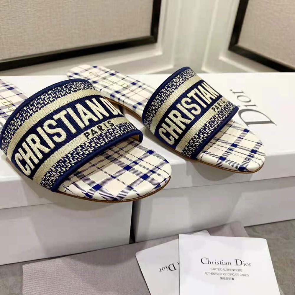 Dior Women Dway Slide French Blue Check n Dior Embroidered Cotton - image 9