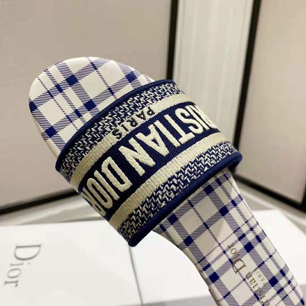 Dior Women Dway Slide French Blue Check n Dior Embroidered Cotton - image 7