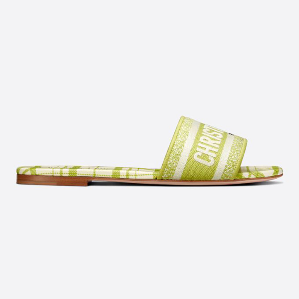 Side view of Dior Women Dway Slide Lime Check n Dior Embroidered Cotton