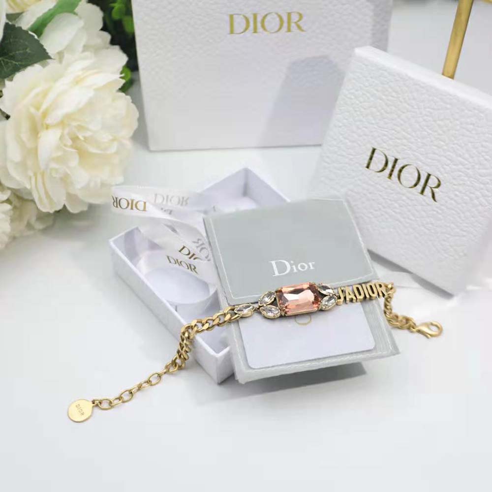 Side view of Dior Women J’Adior Bracelet highlighting adjustable clasp and pink crystals