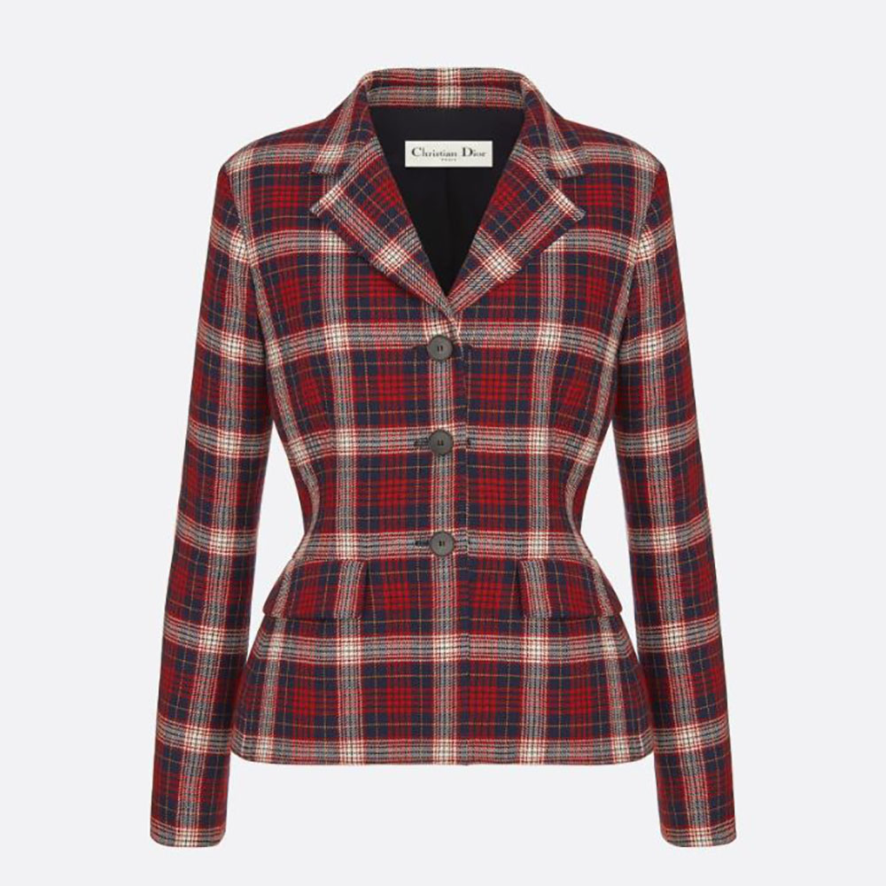 Front view of Dior Women Jacket Red Black and White Check n Dior Tartan Wool Twill