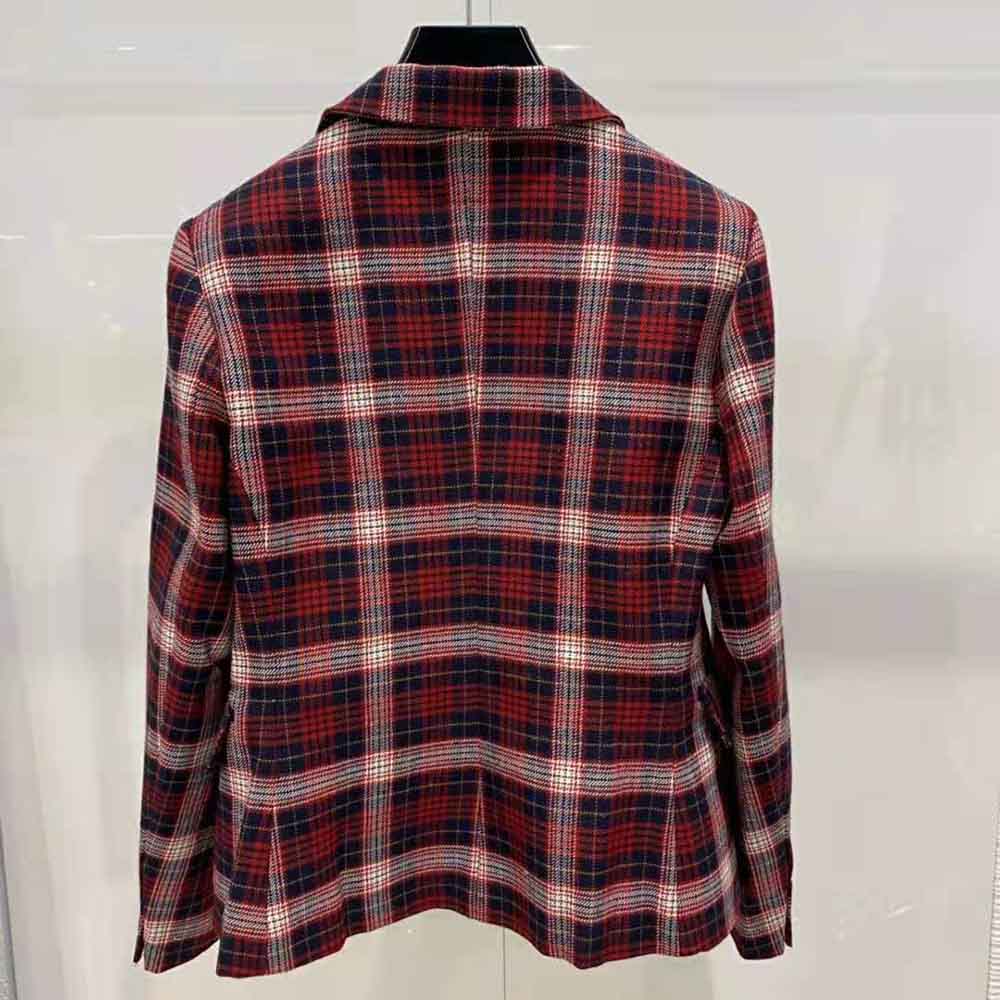 Side profile showing silhouette and pattern of Dior Women Jacket Red Black and White Check