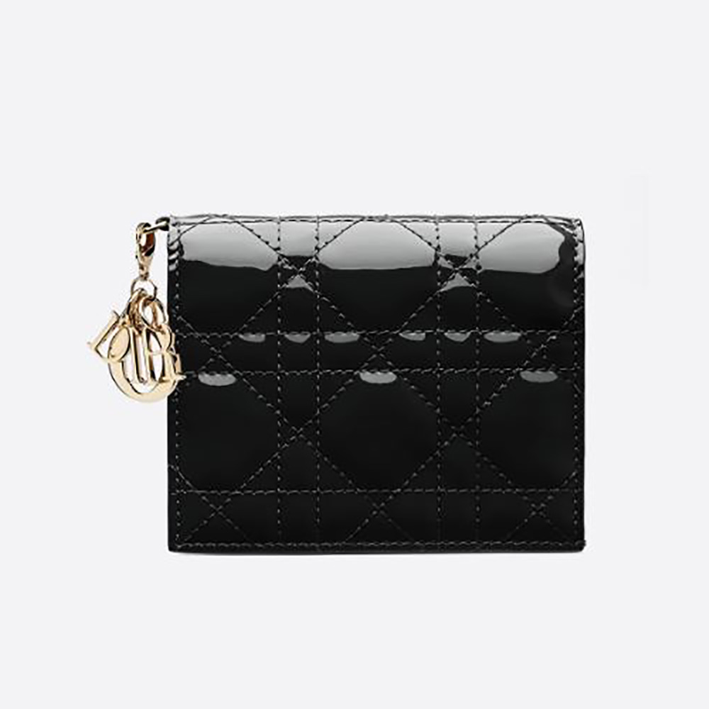 Front view of Dior Women Mini Lady Dior Wallet Patent Cannage Calfskin-Black
