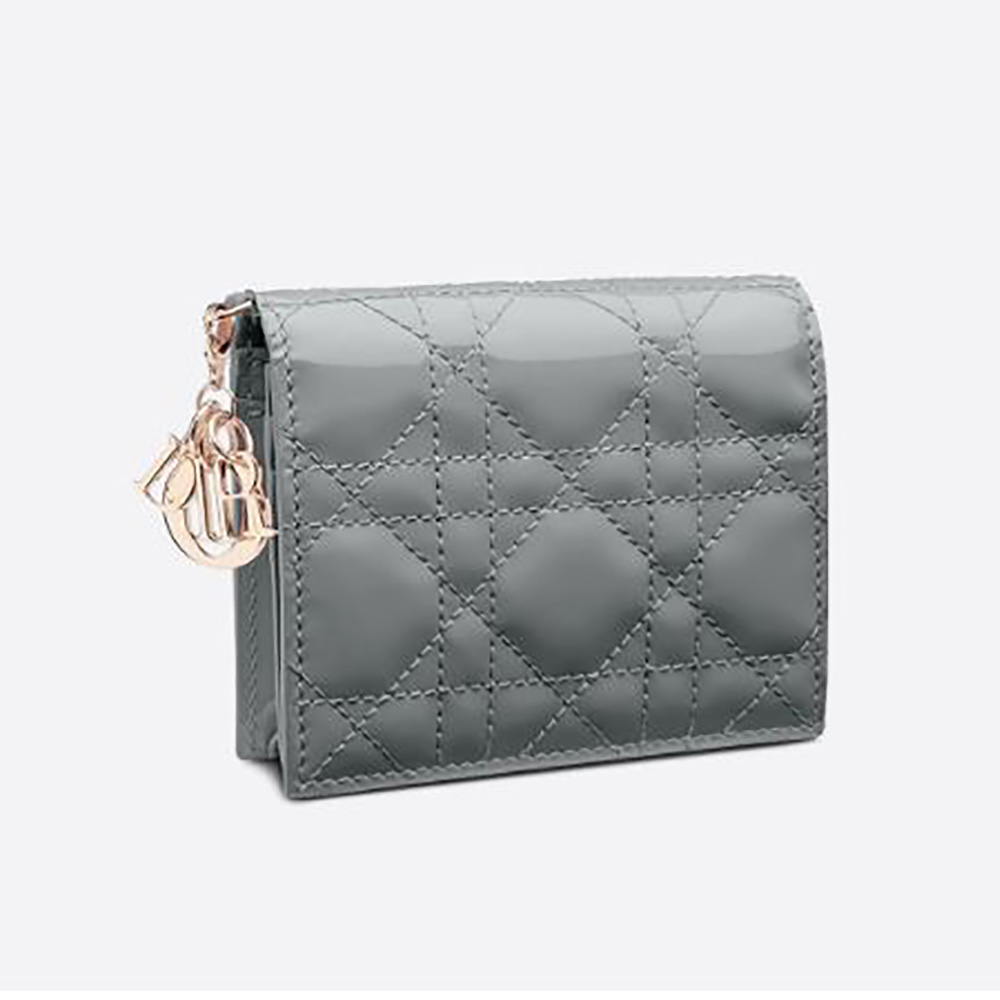Front view of Dior Women Mini Lady Dior Wallet Patent Cannage Calfskin-Navy showcasing glossy finish