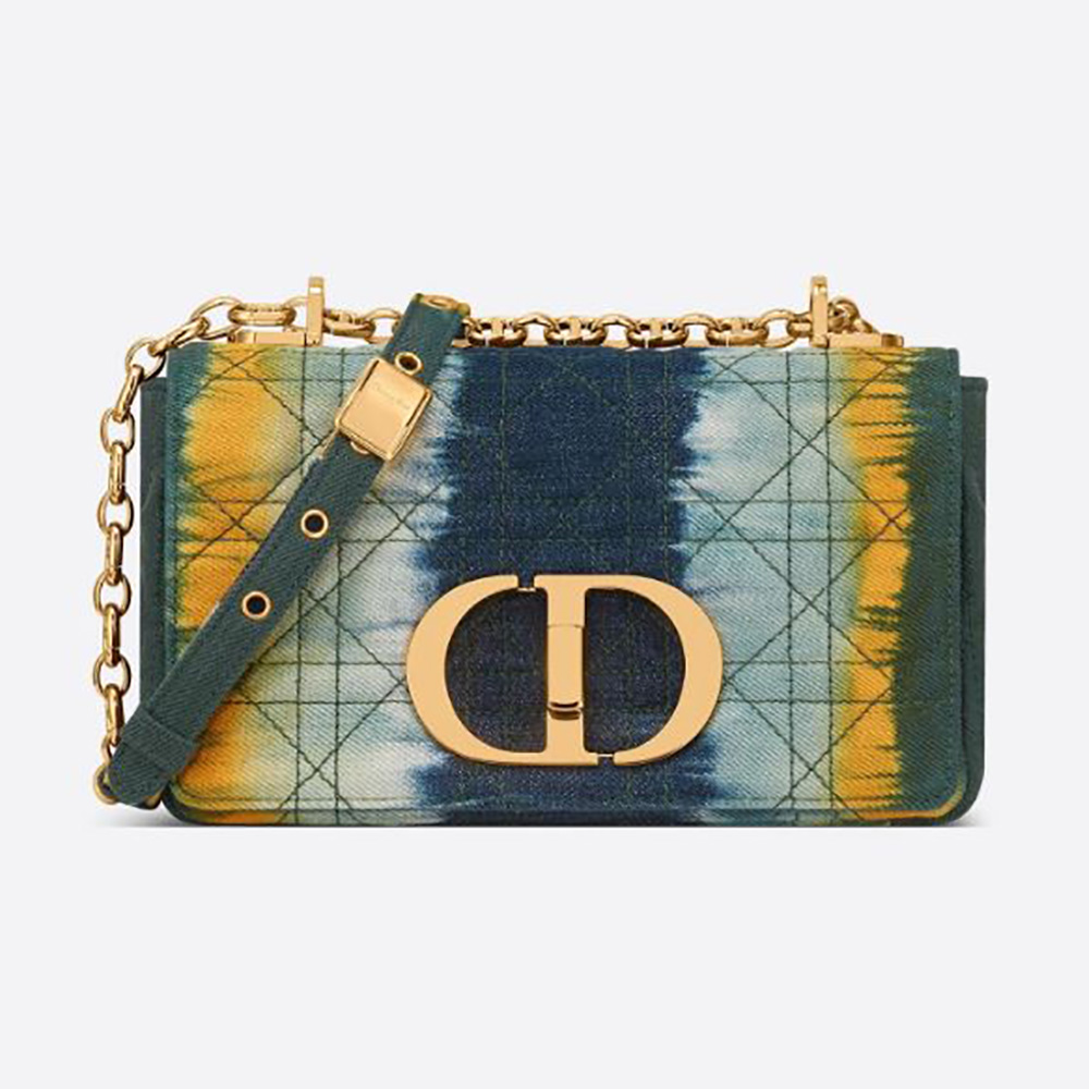 Front view of Dior Women Small Dior Caro Bag Green Multicolor Tie and Dior Cannage Denim