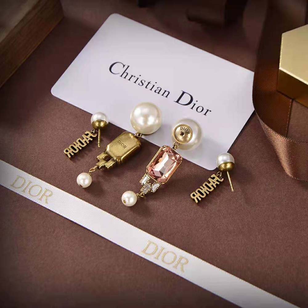 Dior Women Tribales Earrings Antique Gold-Finish Metal and White Resin Pearls with Multicolor Crystals - image 6