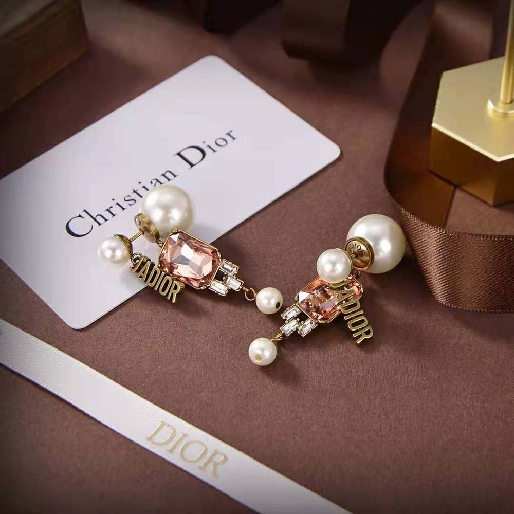 Dior Women Tribales Earrings Antique Gold-Finish Metal and White Resin Pearls with Multicolor Crystals - image 5