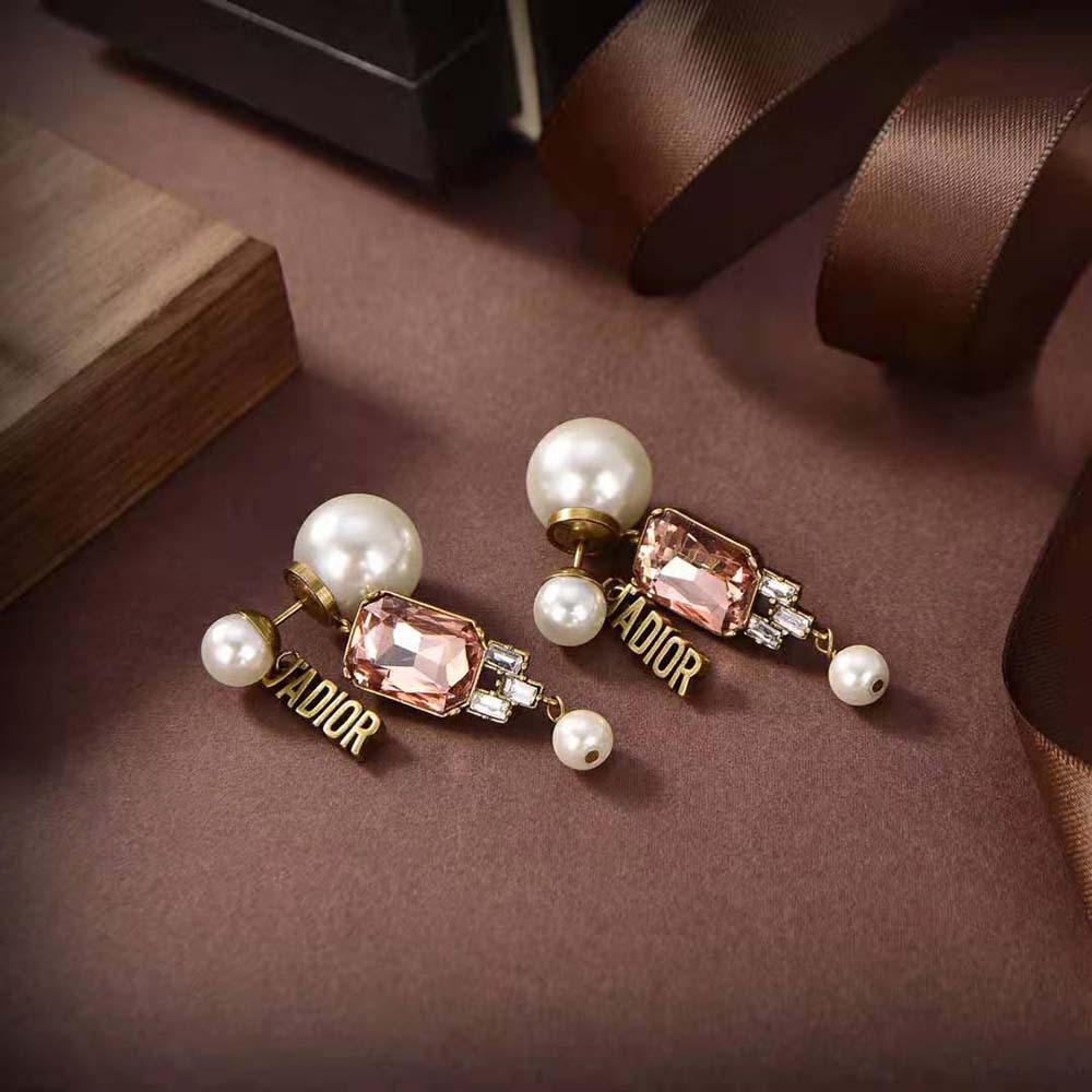 Dior Women Tribales Earrings Antique Gold-Finish Metal and White Resin Pearls with Multicolor Crystals - image 4