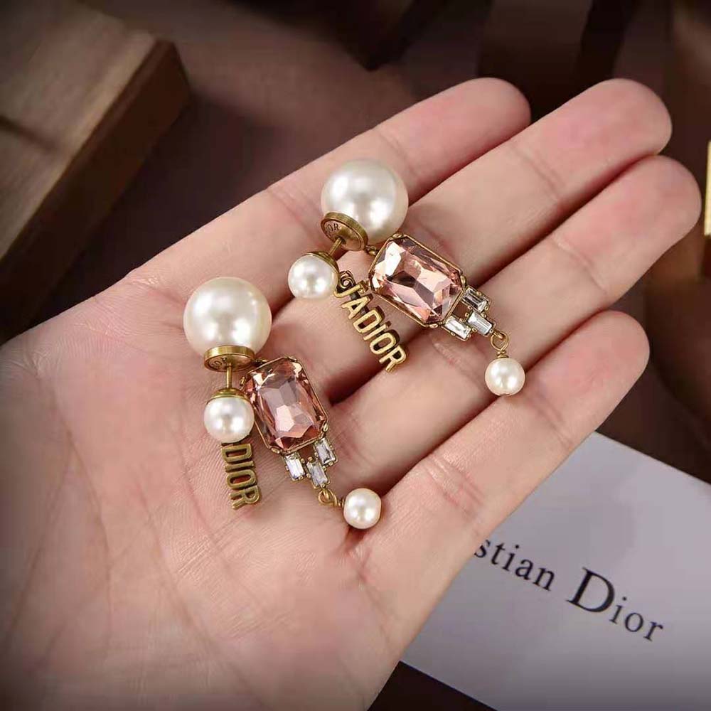 Dior Women Tribales Earrings Antique Gold-Finish Metal and White Resin Pearls with Multicolor Crystals - image 7