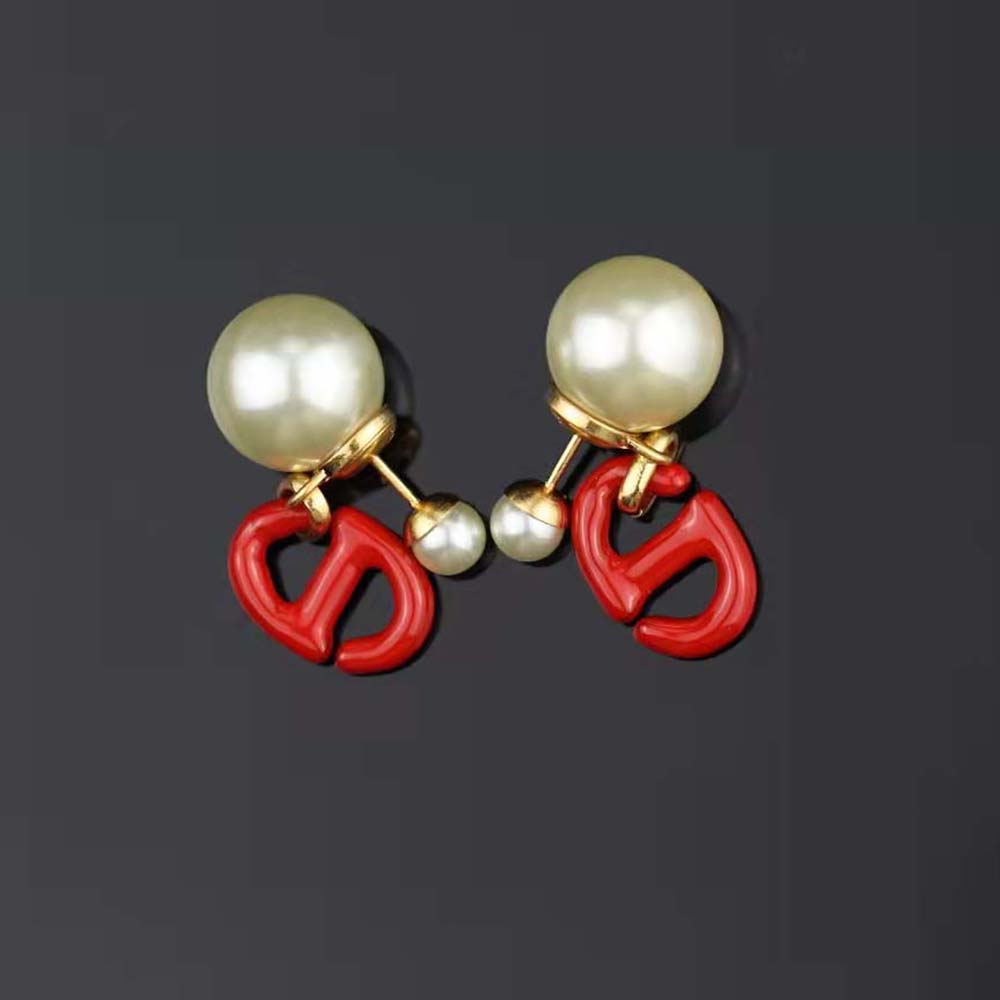 Dior Women Tribales Earrings Gold-Finish Metal and White Resin Pearls with Raspberry Lacquer - image 4