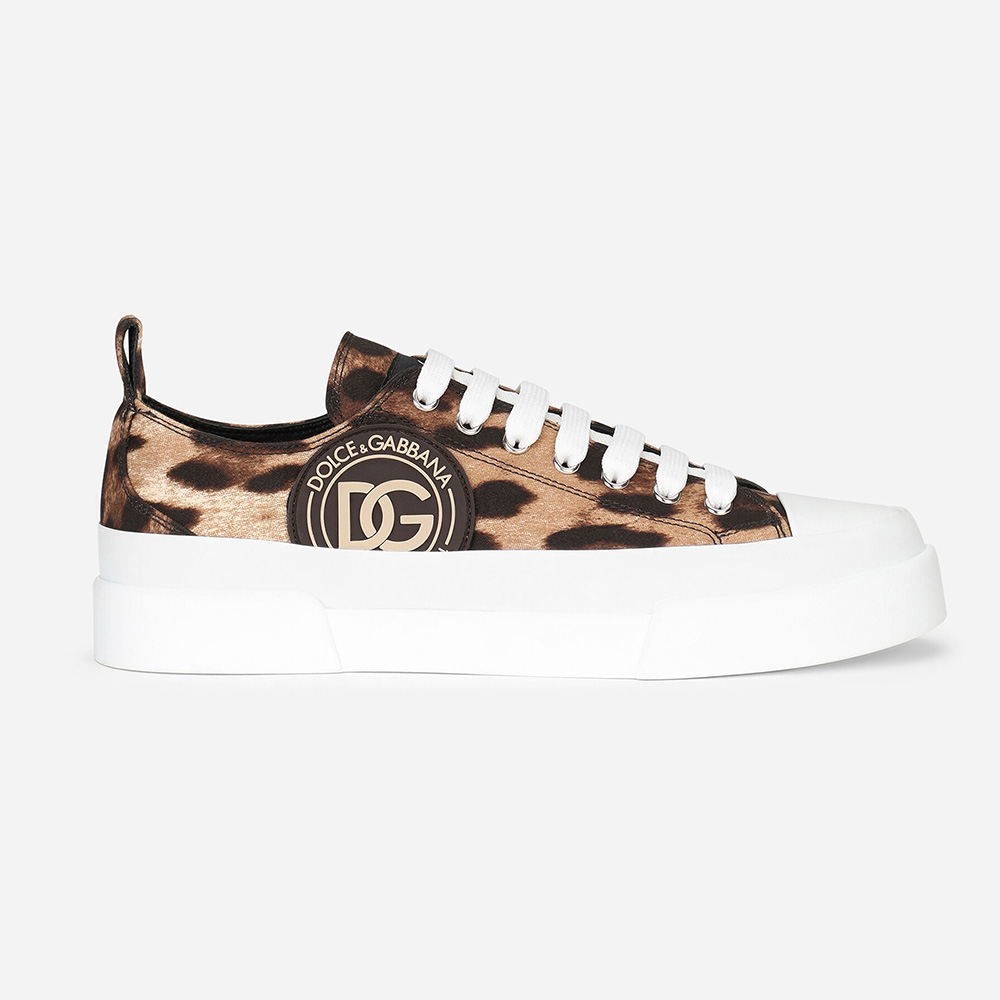 Side view of Dolce Gabbana D&G Women Cotton Drill Portofino Light Sneakers with leopard print