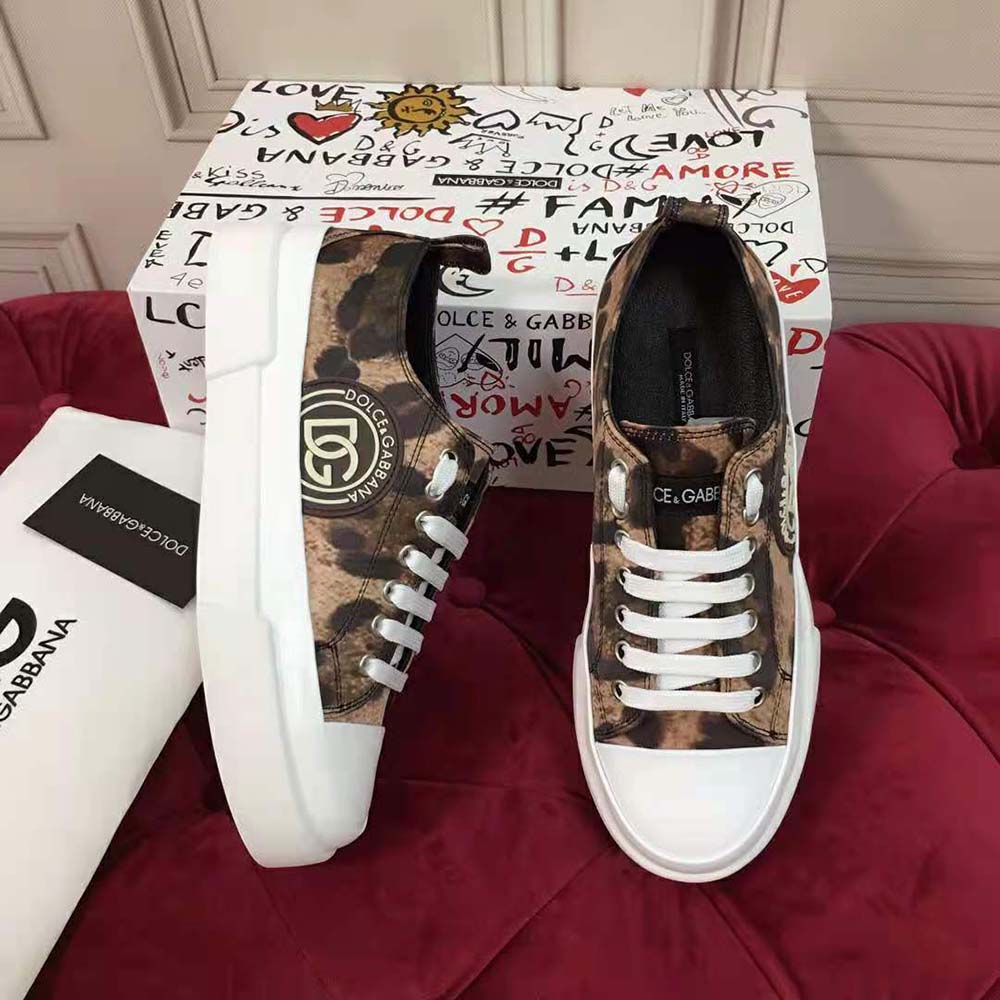 Top-down angle showing slip-on silhouette and leopard print on Dolce Gabbana D&G sneakers