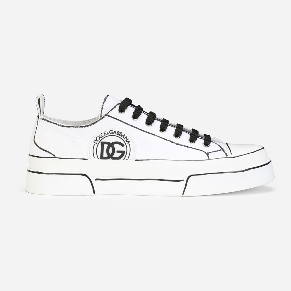 Front angle view of Dolce Gabbana D&G Women Hand-painted Canvas Portofino Light Sneakers-White