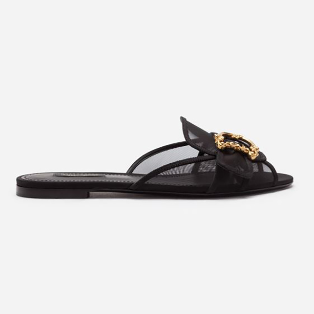 Side angle of Dolce Gabbana D&G Women Mesh Mules with Baroque DG Logo in black