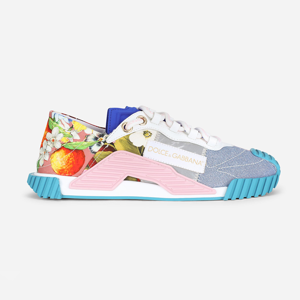 Side view of Dolce Gabbana D&G Women Patchwork Fabric NS1 Slip-on Sneakers in blue