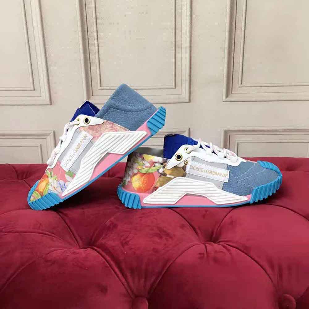 Close-up of patchwork fabric and D&G logo on Dolce Gabbana NS1 sneakers