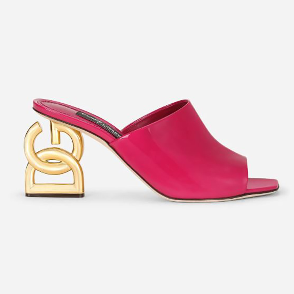 Side view of Dolce Gabbana D&G Women Patent Leather Mules with DG Pop Heel in pink