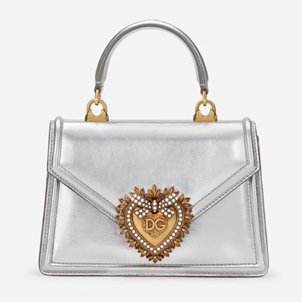 Front view of Dolce Gabbana D&G Women Small Devotion Bag in silver leather