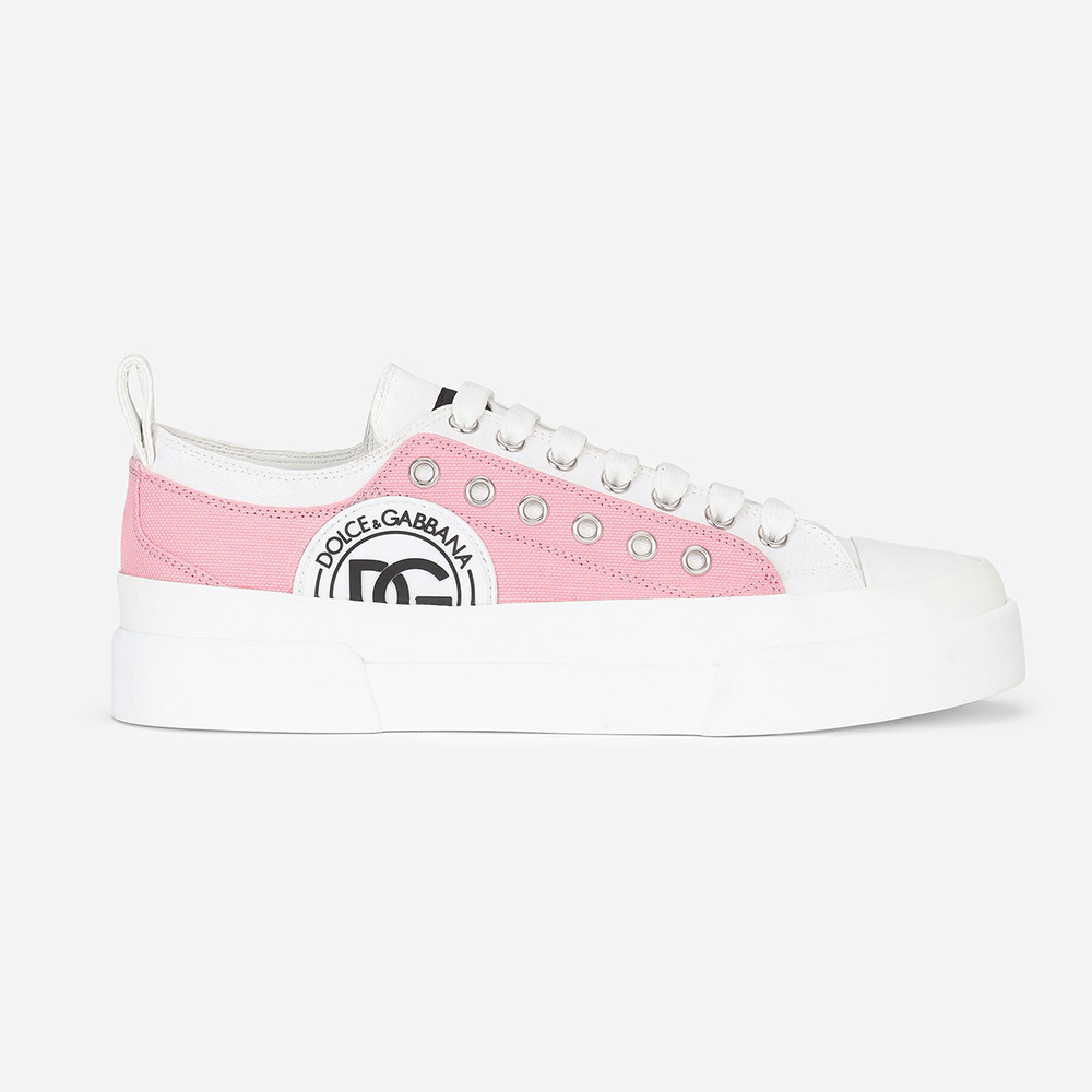Side view of Dolce Gabbana D&G Women Two-tone Canvas Portofino Light Sneakers in pink