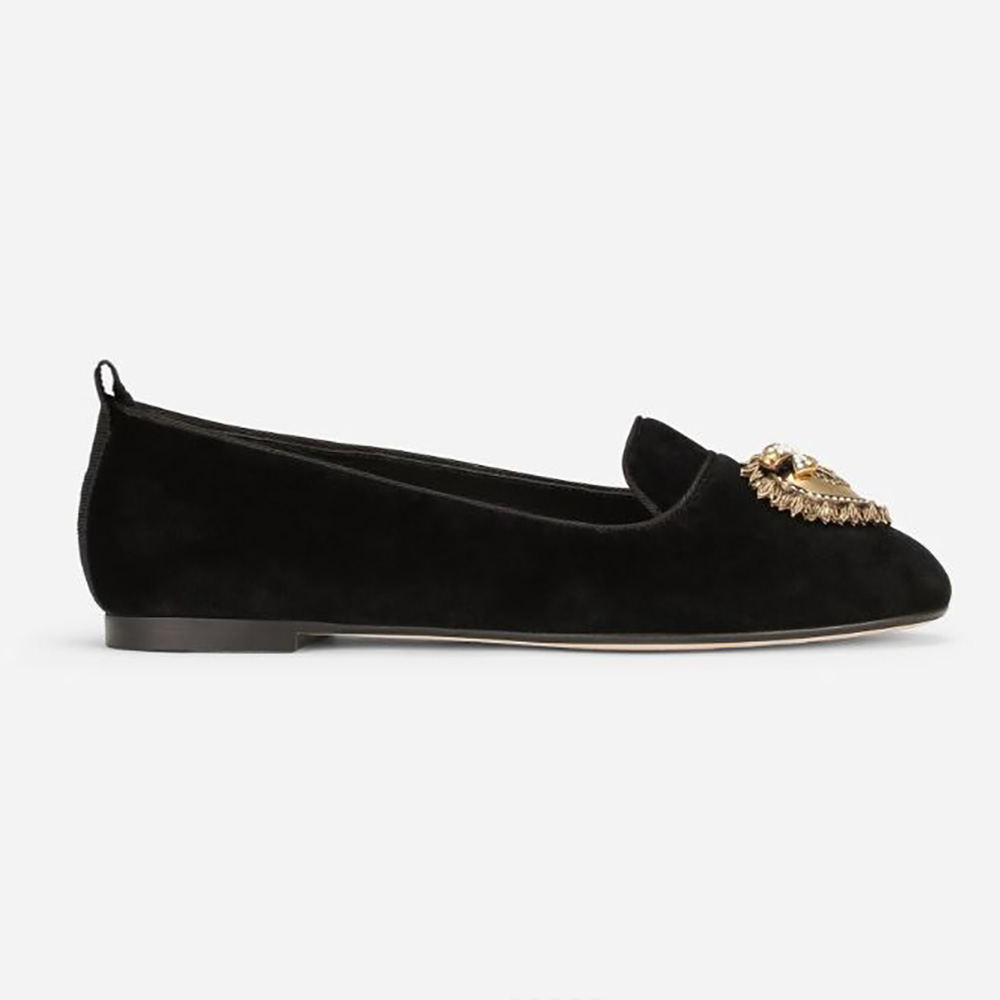 Side angle of Dolce Gabbana D&G Women Velvet Devotion Slippers-Black showing heart buckle