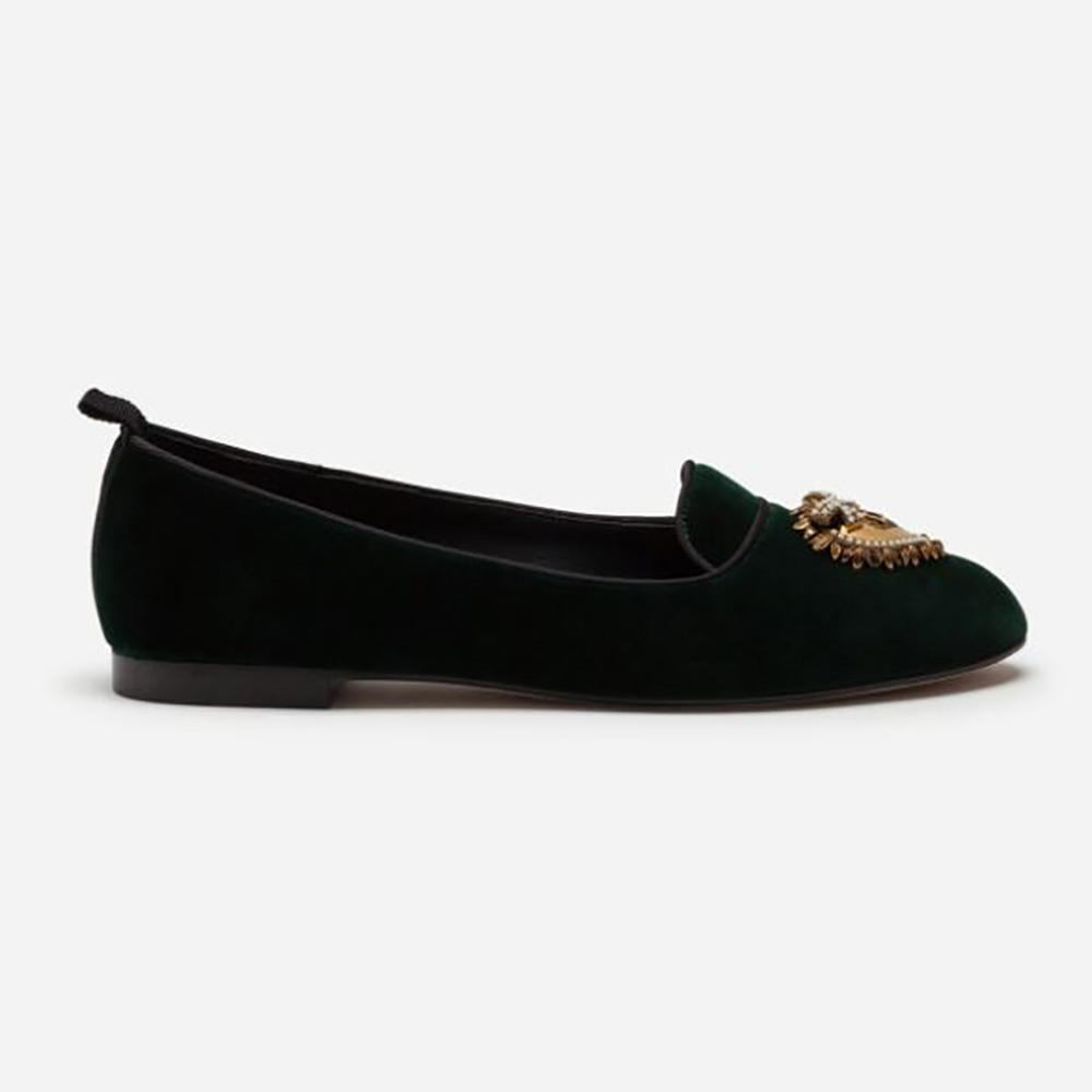 Side view of Dolce Gabbana D&G Women Velvet Devotion Slippers-Green