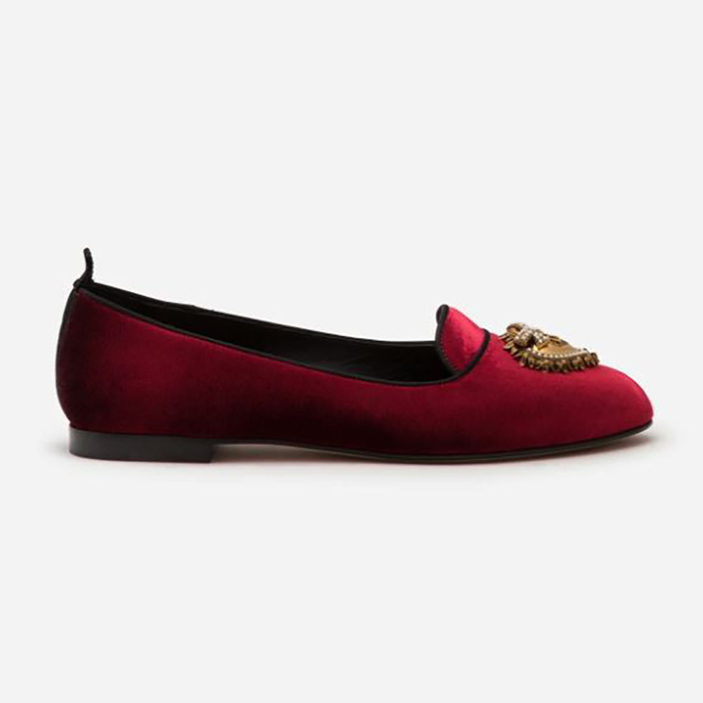Side profile of Dolce Gabbana D&G Women Velvet Devotion Slippers-Red in velvet