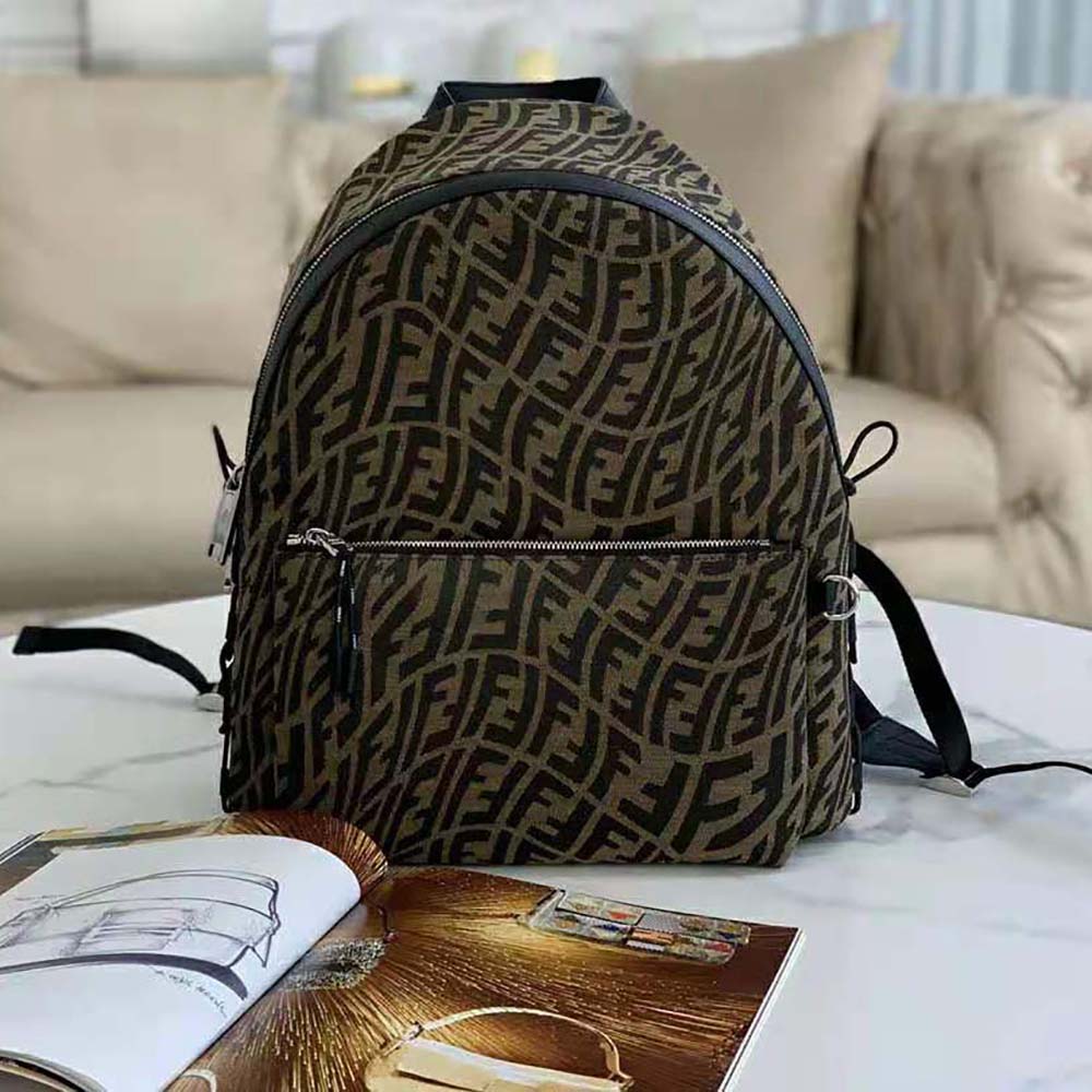 Close-up of gold hardware on Fendi Women Backpack in Brown FF Vertigo Fabric