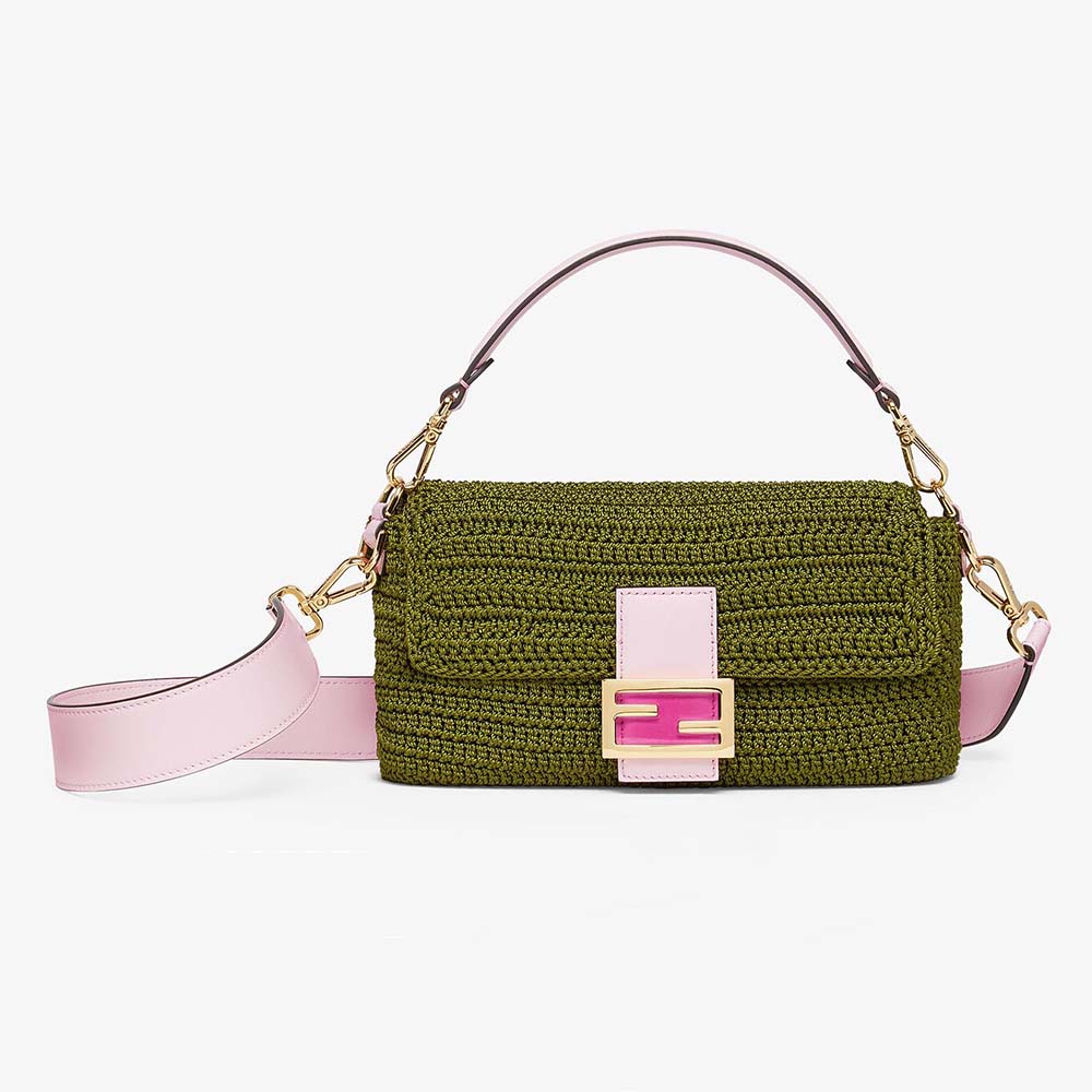 Front view of Fendi Women Baguette Bag in Traditional Cotton Crochet Bag-Green