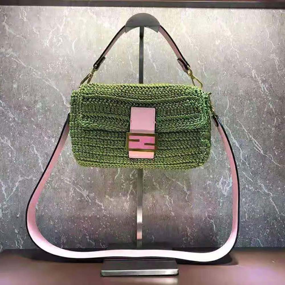 Close-up of gold hardware and crochet detail on Fendi Women Baguette Bag