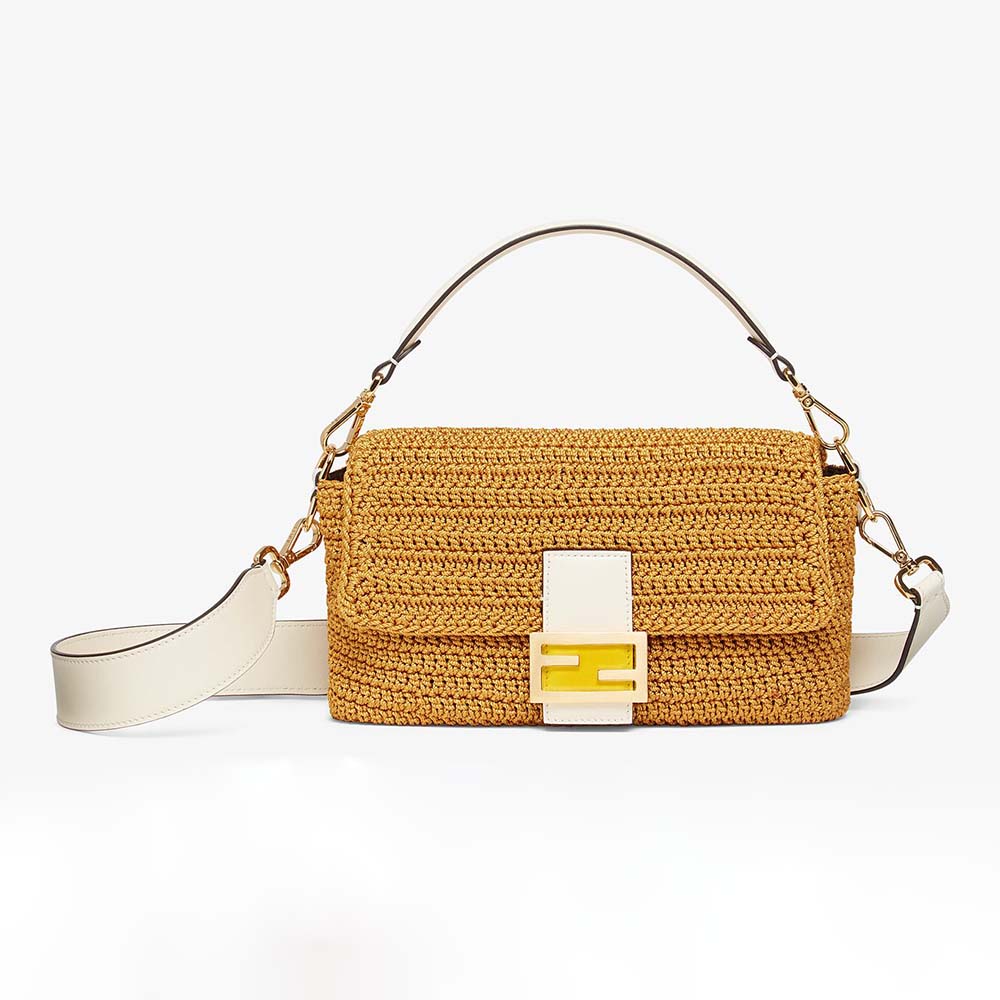 Front view of Fendi Women Baguette Bag in Traditional Cotton Crochet Bag-Orange