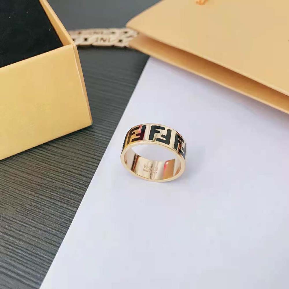 Side angle of Fendi Women FF Gold-color Ring highlighting adjustable band