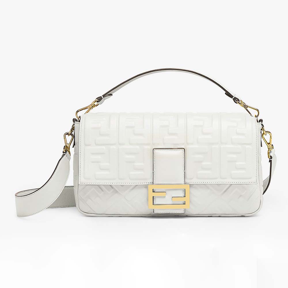 Front view of Fendi Women Iconic Large Baguette Leather Bag-White