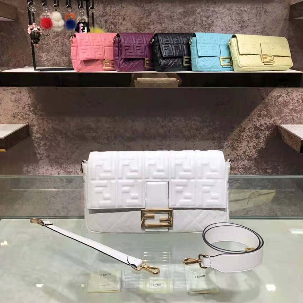 Close-up of silver signature hardware on Fendi Women Iconic Large Baguette Leather Bag-White
