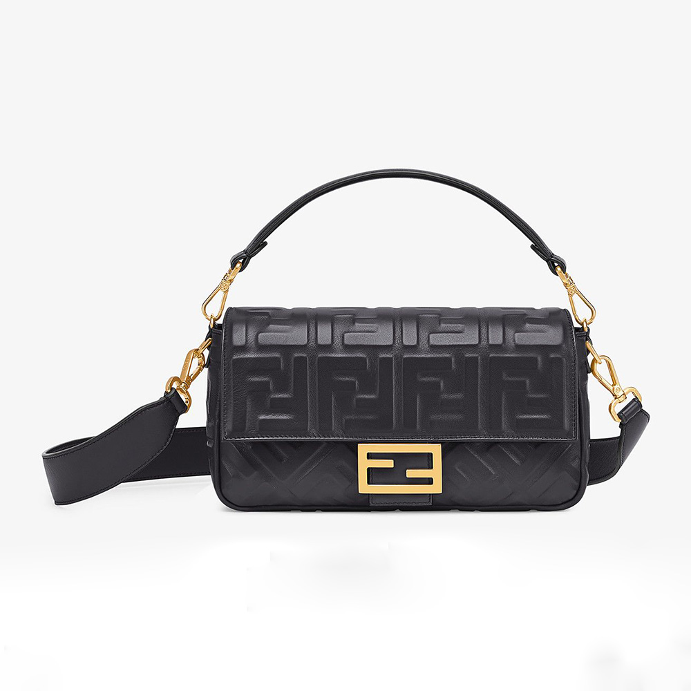 Front view of Fendi Women Iconic Medium Baguette Black Leather Bag