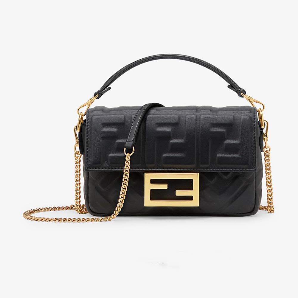 Front view of Fendi Women Iconic Mini Baguette Black Leather Bag highlighting FF clasp