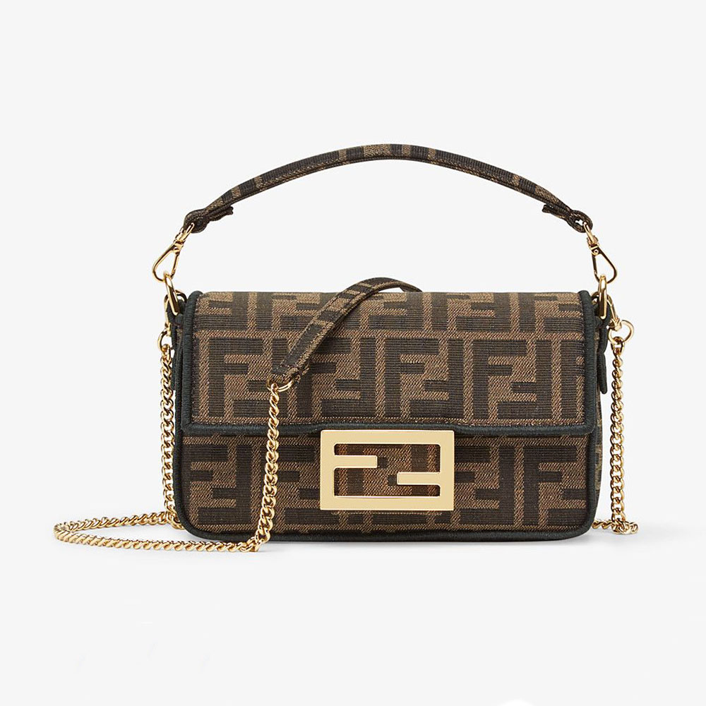 Front view of Fendi Women Mini Baguette Brown Fabric Bag with flap closed