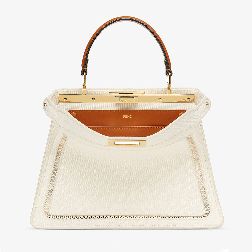 Front view of Fendi Women Peekaboo Iseeu Medium White Canvas Bag with Embroidery