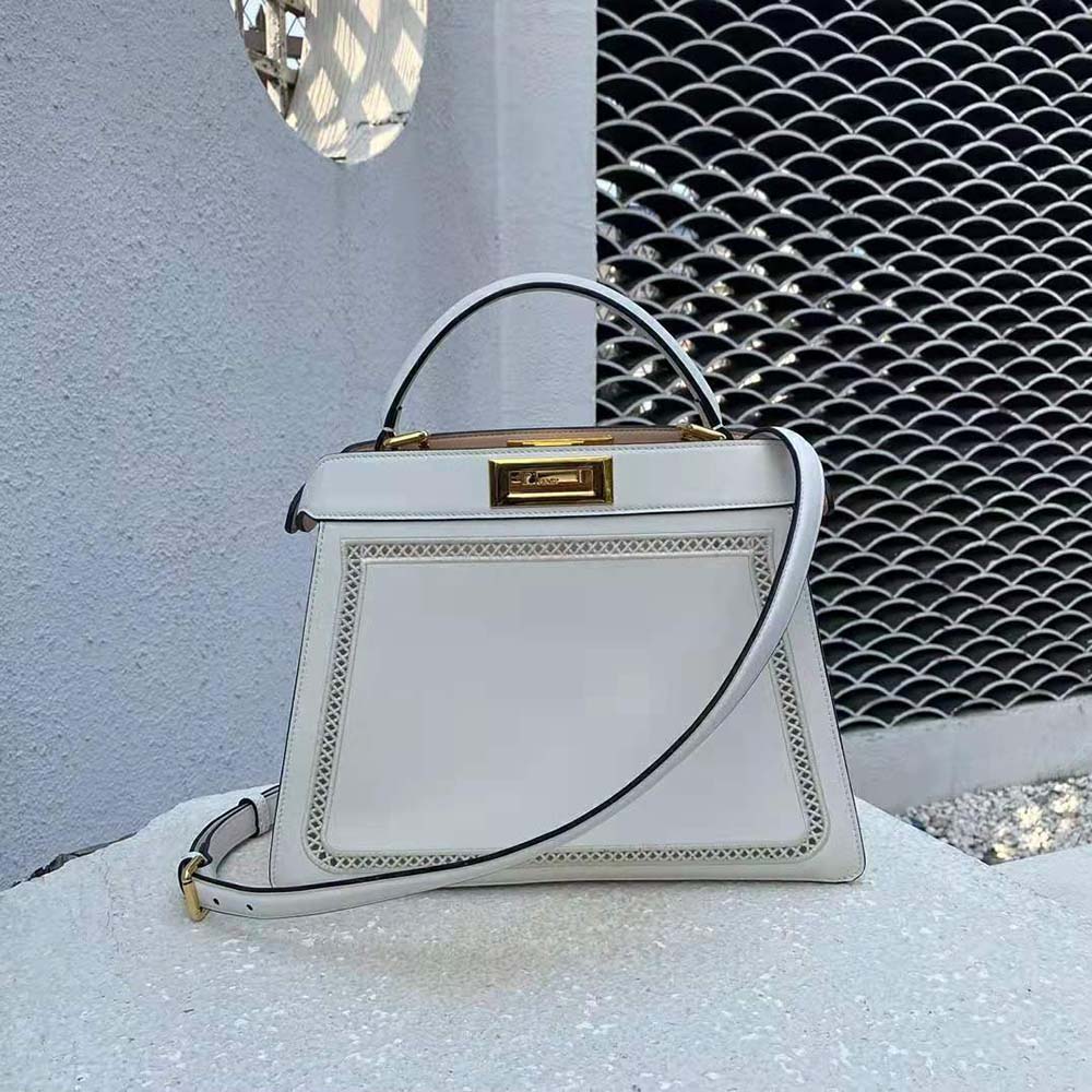 Close-up of embroidered detail on Fendi Women Peekaboo Iseeu Medium White Canvas Bag