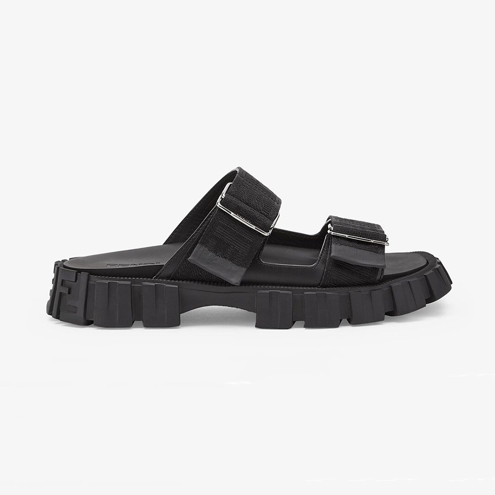 Side profile of Fendi Women Sandals Black Fabric Sandals showing silhouette