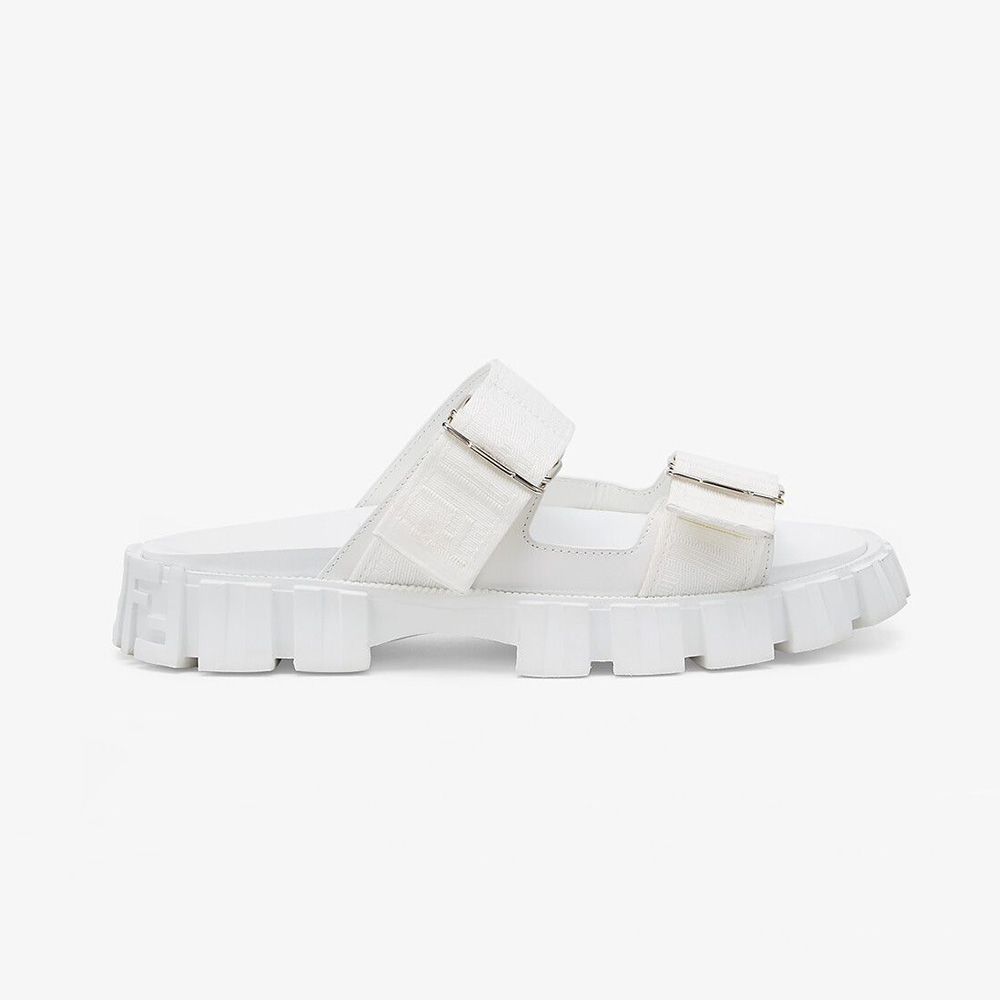 Side angle of Fendi Women Sandals White Fabric Sandals showing silhouette